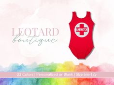 a red one piece swimsuit with the words leotard boutique on it