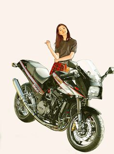 a woman standing on top of a motorcycle in front of a pink background with her arms crossed