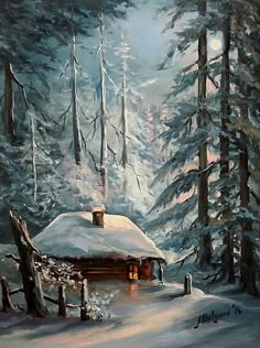 a painting of a cabin in the woods with snow on the ground and trees around it