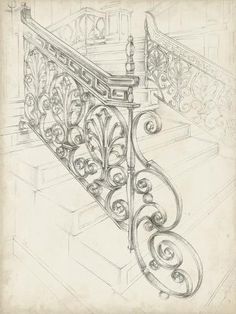 a drawing of an iron railing and steps