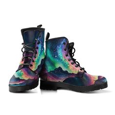 Men's/Women's Vegan Boots  These Northern Lights ankle boots are colorful and amazing. If you love the magical feel of the rainbow lights in the sky, these boots are sure to make your feet happy. When did you last feel that your shoes help express your personality? Or when is the last time you were complimented on your shoes? If this isn't often, then read on... Most local shoe stores don't carry footwear with designs as unique as this. In fact, you can't buy these anywhere else.  Confidently sh Boots Rainbow, Colorful Boots, Lights In The Sky, Rainbow Lights, Galaxy Shoes, Shoe Stores, Lit Shoes, Vegan Boots, Rainbow Light