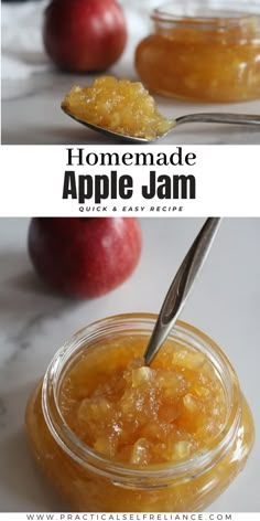 homemade apple jam in a glass jar with a spoon on the side and an image of apples