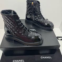 Reselling For $3000! Extremely Sought After Women’s Chanel Boot In Absolutely Pristine Condition Size 37.5 100% Authenticity Guarantee Comes With Box/Dustbag Please Note These Boots Do Not Come With Chain Message Me With Any Questions All Sales Final Thank You! Combat Boot Chanel, Luxury Lace-up Combat Boots With Leather Sole, Luxury Leather-lined Ankle Combat Boots, Chanel Boots Farfetch, Chanel Combat Boots 2021, Chain Messages, Chanel Boots, Shoes Chanel, Lace Up Combat Boots