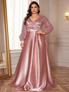 Ladies Gown Designs Party Wear, Gown For Plus Size Women, Flare Satin Dress, Plus Size Gowns With Sleeves, Satin Gown Designs, Dusty Rose Bridesmaid Dress, Beautiful Evening Gowns, Bridesmaid Dresses With Sleeves, Formal Ball Gown