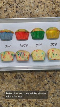 there are many different colored cupcakes in the box on the counter top, and one is half eaten