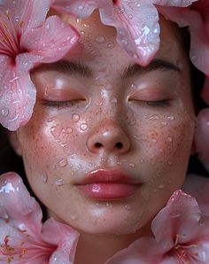 a woman with her eyes closed and pink flowers on her head, covered in water droplets