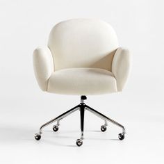 a white office chair with wheels and casteors on an aluminum base in front of a white background