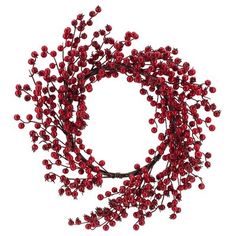 a wreath with red berries hanging from it's sides on a white background,