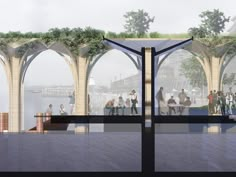 an artistic rendering of people standing in front of arches with trees growing on the roof