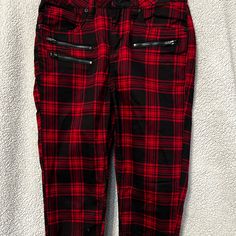 Plaid Pants Red And Black Size 5, New Without Tags, Purchased From Hot Topic Edgy Plaid Bottoms For Fall, Edgy Red Cotton Bottoms, Edgy Red Pants For Fall, Edgy Red Straight Leg Bottoms, Edgy Red High-waist Bottoms, Edgy Red Bottoms With Pockets, Edgy Red Stretch Pants, Plaid Jeans, Punk Clothing