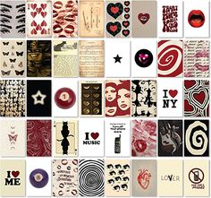 a collage of many different types of tattoos and designs on white paper with red ink