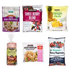 four bags of frozen food are shown in this image, each containing different types of fruit and vegetables