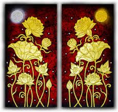 two panels with gold flowers on them against a red background and the moon in the sky