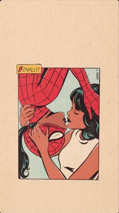 an image of a woman kissing a man in front of a red spider - man