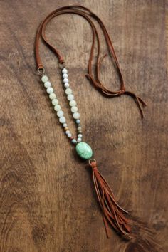 Boho beaded necklace with camel tassel and green by beigeandbarn Green Stone Pendant, Coin Earrings, Necklace Craft, A Necklace, Diy Schmuck, Leather Necklace, Jewelry Projects, Diy Necklace, Leather Jewelry