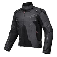 a black and grey motorcycle jacket on a white background