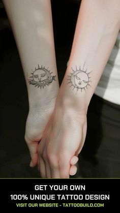 two people holding hands with sun and moon tattoos on their wrist, both showing the same tattoo design