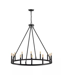 a black chandelier with eight candles hanging from the bottom and one light on top