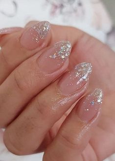 Glitter Tips Almond Nails, Short Oval Glitter Nails, Engagement Nails Sparkle, Prom Nails Simple Elegant, Clear Nails With Glitter Tips, Nude Nails Glitter Tips, Ombre Sparkle Nails Almond, Glitter Tips Nail, Sparkly Hoco Nails