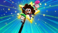 an animated character is flying in the sky with stars and sparkles behind him, as well as two other characters