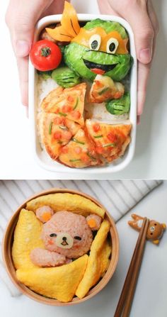 there are two pictures with food in the same place and one has a teddy bear