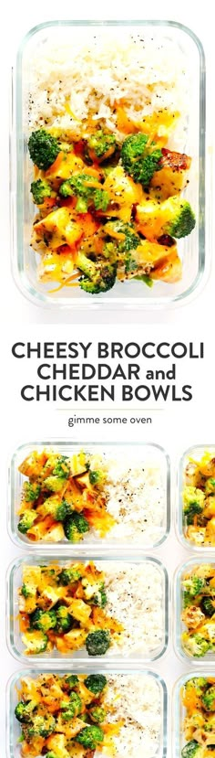 broccoli, cheese and chicken bowls are shown in separate glass dishes with the same toppings