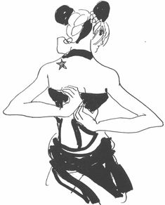 a black and white drawing of a woman in a bathing suit with her hands on her hips