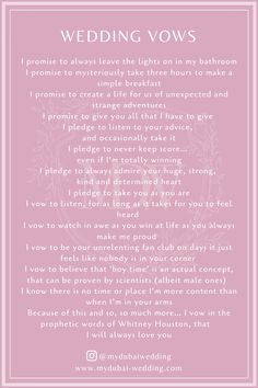 a poem written in white on a pink background with the words wedding vows above it