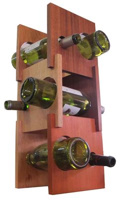 a wooden wine rack with several bottles on it and two empty ones in the middle