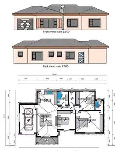 two story house plans with garage and living room in the front, second and third floors