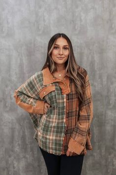 Pumpkin Spice Mixed Plaid Oversized Top in Rust  Get ready for autumn with our playful Pumpkin Spice Mix Plaid Oversized Top in Rust! This quirky piece features a unique mix of plaid patterns, perfect for adding a touch of fun to your fall wardrobe. Its oversized fit offers both comfort and style, making it the perfect choice for any occasion. (Pumpkin spice not included!) Washed waffle/flannel two button top 100% cotton Rust/sage Sizing: ONE SIZE (S/M) fits most up to size 12 ONE SIZE PLUS (M/L)  fits most up to size 20 Shop all your favs + all the new at shoppoppyandseed.com + receive 15% off your first order! ❤ Return Policy: Even Exchange or Store Credit only within 7 days of delivery Plaid Patchwork Tops For Fall, Oversized Patchwork Tops For Fall, Fall Brown Patchwork Tops, Brown Patchwork Top For Fall, Oversized Flannel Tops For Fall, Fall Plaid Patchwork Outerwear, Plaid Patchwork Outerwear For Fall, Casual Flannel Patchwork Tops For Fall, Oversized Plaid Patchwork Outerwear