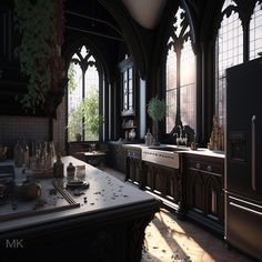 a large kitchen with lots of windows and cabinets