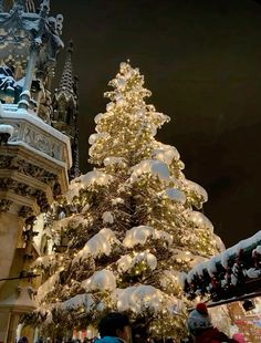 a large christmas tree in front of a building with people standing around it at night