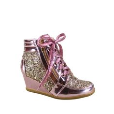 Round toe front, Lace Upper Lace Up, zipper for decoration only Glitter Metallic Rubber sole Wedge Heel Finished with lightly padded insole Heel Height: 2.75" (approx) Size: 8.5.  Color: Pink.  Gender: female.  Age Group: adult. Glitter Sneakers, Wedges Style, Lace Up Wedges, Trainers Fashion, Shoes Pink, Metal Lace, Sneaker Shoes, Lace Up Heels, Athletic Fashion