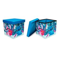 two blue boxes with floral designs on them