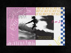 a collage of photos with words and pictures on them, including a woman riding a surfboard