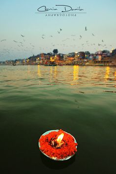 a candle floating on top of a body of water