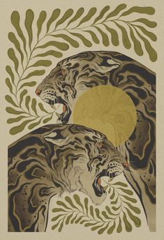 two tigers are in the middle of a painting with green and yellow leaves on it