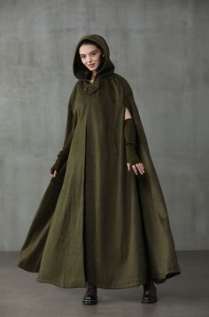 Maxi Hooded Wool Coat Cloak (8 Colors) – Linennaive Winter Outdoor Cape, Green Hooded Cape For Fall, Hooded Green Cape For Fall, Green Winter Cape Outerwear, Green Long Sleeve Winter Cape, Green Cape For Fall, Green Cape Outerwear For Fall, Green Fall Cape Outerwear, Oversized Green Cape Outerwear