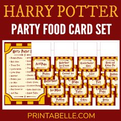 the harry potter party food card set is shown in red and yellow with gold trimmings