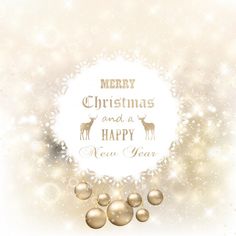 merry christmas and a happy new year greeting card with gold baubles in the snow