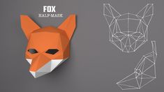 an origami fox mask is shown next to a paper cut out of it's face