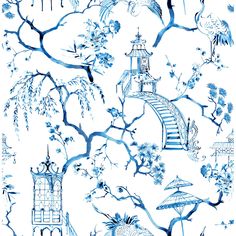 a blue and white wallpaper with birds, trees, and pagodas