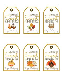 four tags with thanksgiving sayings and an owl on the top one says, thank you sweet friends like you