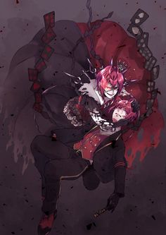 an anime character with pink hair and black clothes holding another character in his arms, while they are surrounded by blood splatters