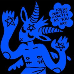 a blue devil with horns and stars on it's chest holding up his hand