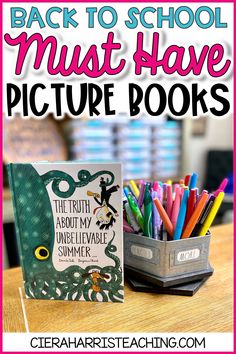 the back to school must have picture books and pencils in a container on a table