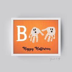 an orange halloween card with two ghost hands and the words boo happy halloween