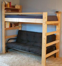 a bunk bed with futon underneath it in a room that has carpet on the floor