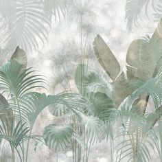 an image of a tropical scene with palm trees and leaves on the wall in pastel tones